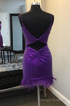 V Neck Purple Sequins Homecoming Dress with Feather Hem