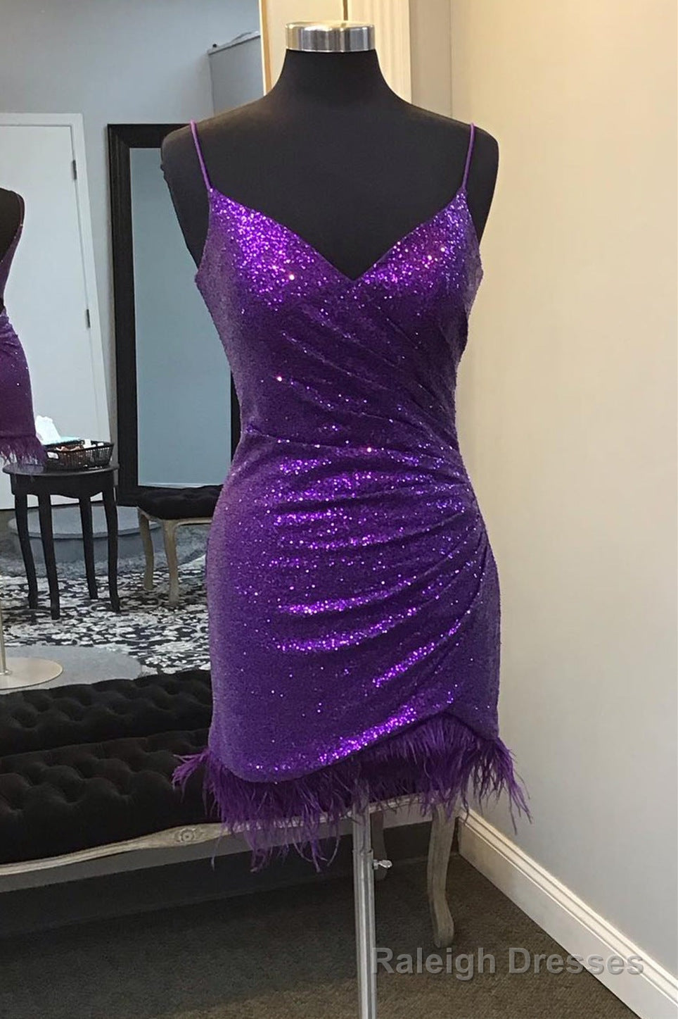 V Neck Purple Sequins Homecoming Dress with Feather Hem Main image