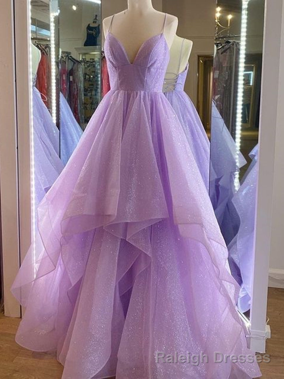 V Neck Purple Tulle Long Prom Dresses, Purple High Low Formal Prom Dresses Main image