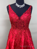 V Neck Red Long Prom Dress with Lace and Beading