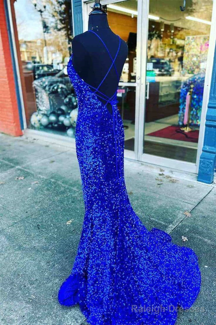 V Neck Royal Blue Prom Dress Uk Seqins Prom Dresses Long Mermaid With Split