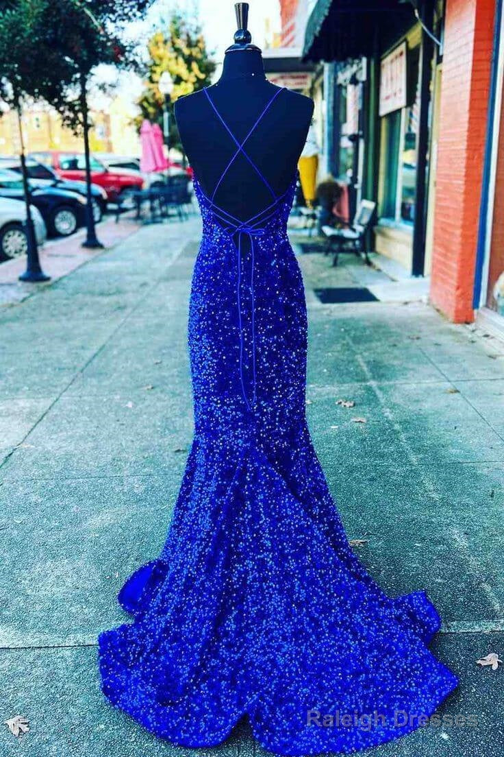 V Neck Royal Blue Prom Dress Uk Seqins Prom Dresses Long Mermaid With Split