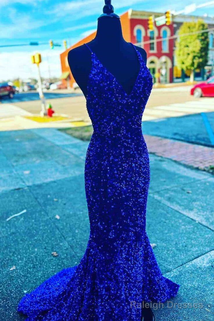 V Neck Royal Blue Prom Dress Uk Seqins Prom Dresses Long Mermaid With Split