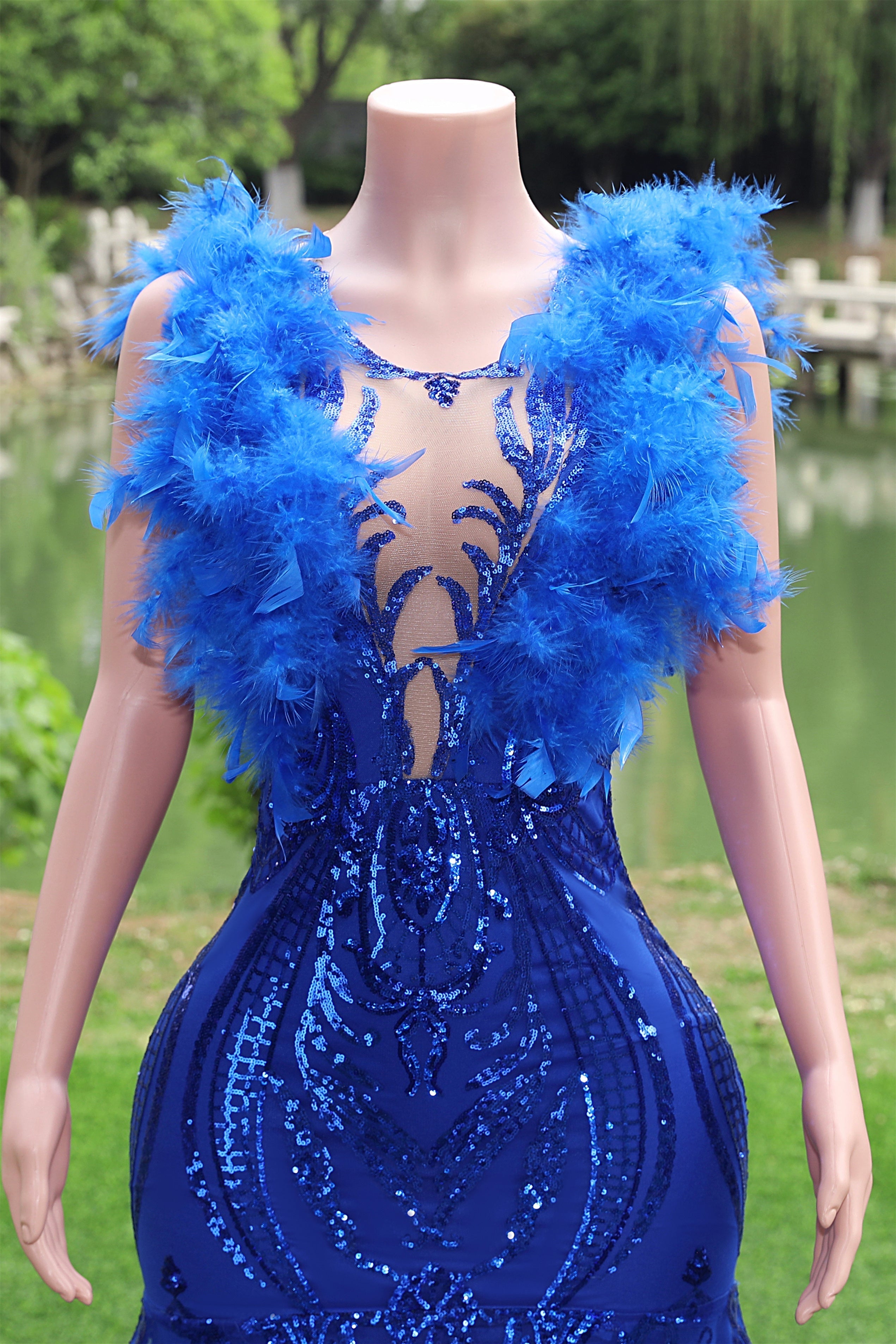 V-Neck Royal Blue Feathers Sparkle Sequin Sleeveless Prom Dresses Secondary image