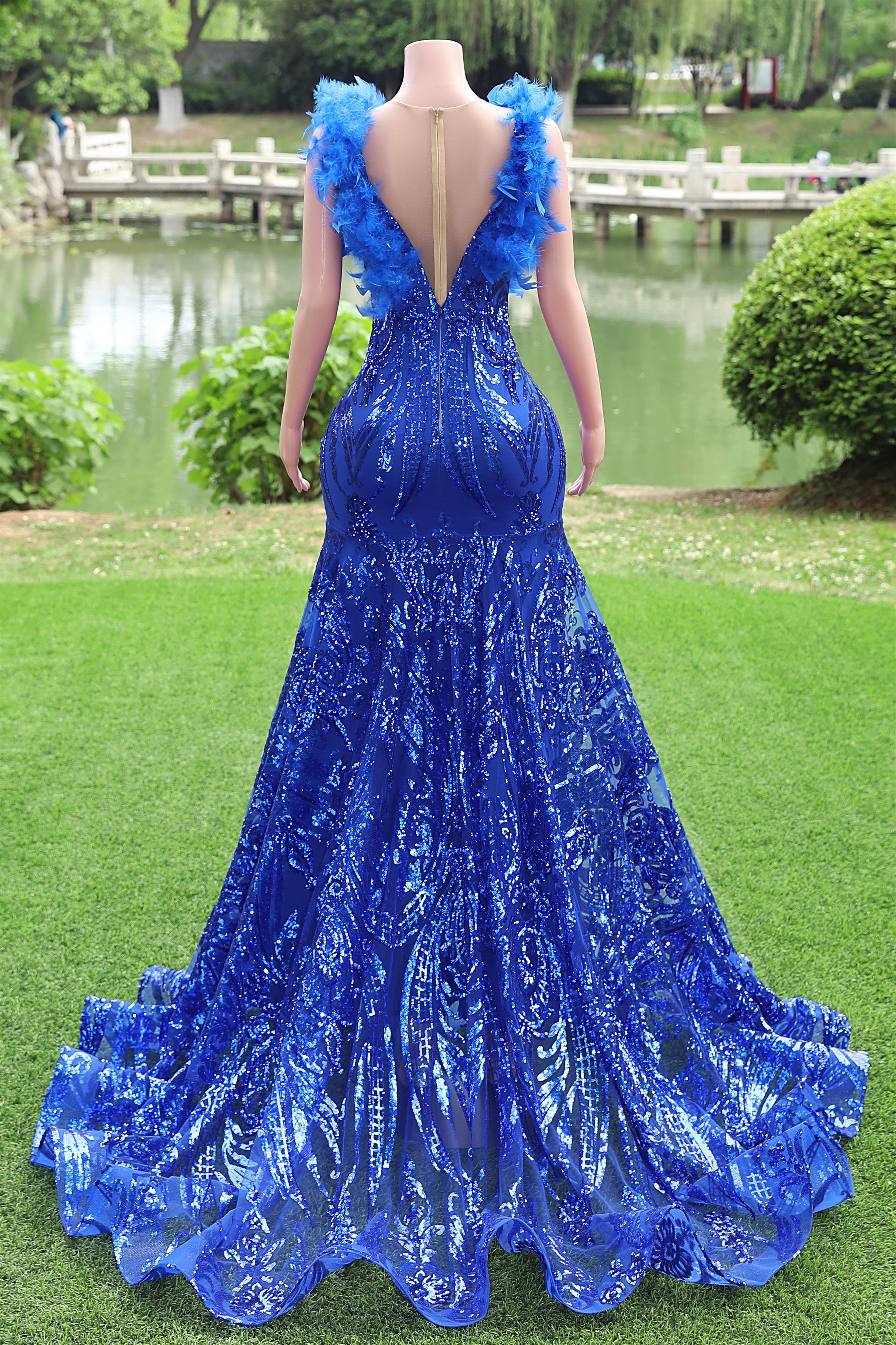 V-Neck Royal Blue Feathers Sparkle Sequin Sleeveless Prom Dresses