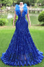 V-Neck Royal Blue Feathers Sparkle Sequin Sleeveless Prom Dresses