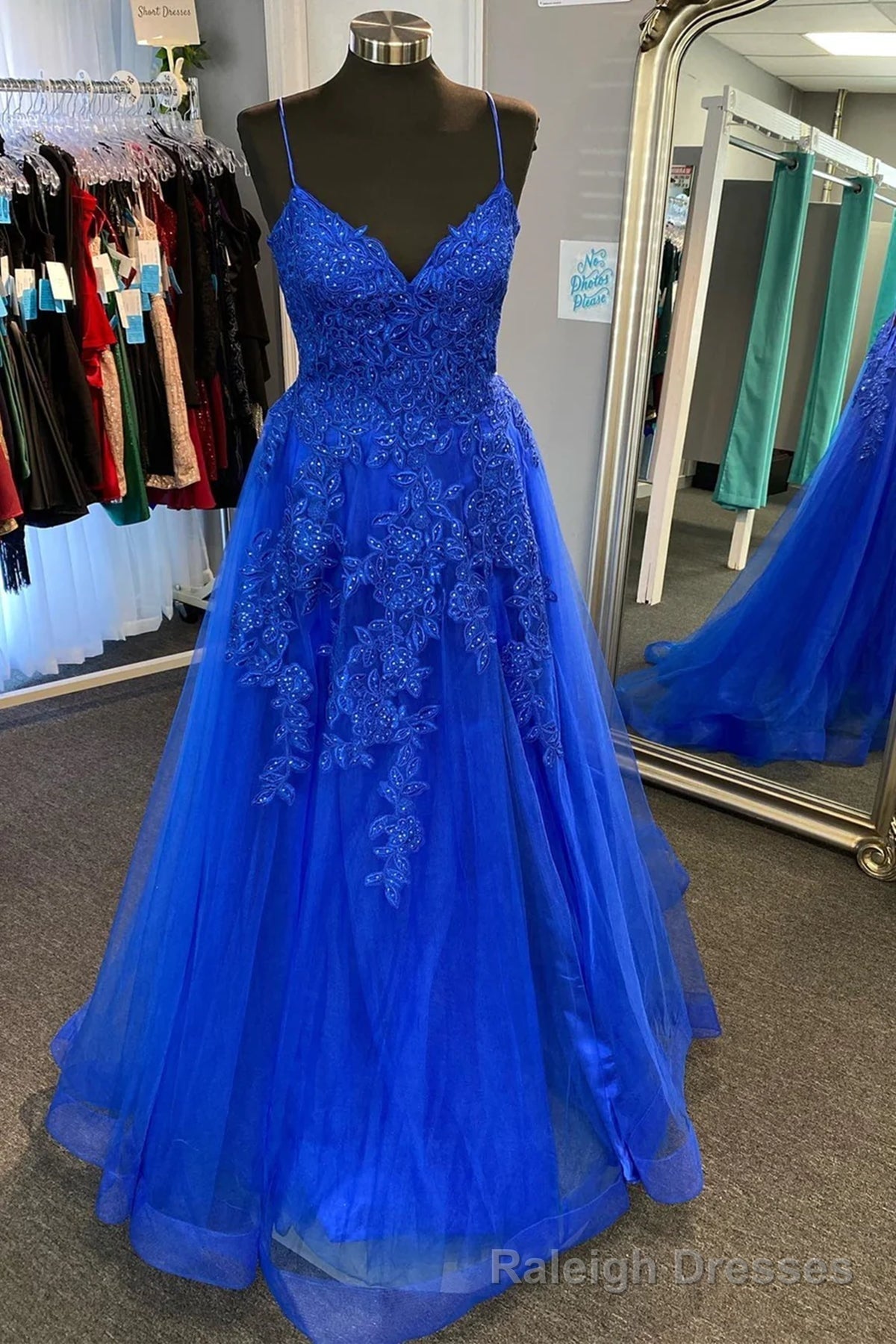V Neck Royal Blue Lace Prom Dresses, V Neck Royal Blue Lace Formal Prom Dresses Main image