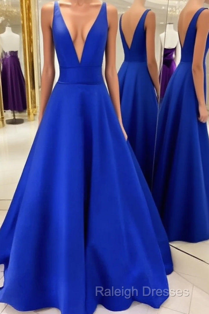 V Neck Royal Blue Satin Prom Dresses, Royal Blue Satin Formal Evening Bridesmaid Dresses Main image