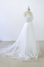 V Neck Ruffle Applqiues Tulle A Line Wedding Dresses