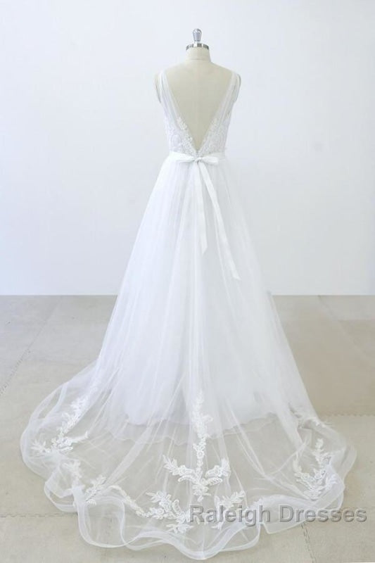 V Neck Ruffle Applqiues Tulle A Line Wedding Dresses Secondary image
