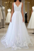 V Neck Ruffle Applqiues Tulle A Line Wedding Dresses