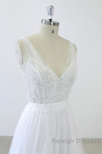 V Neck Ruffle Applqiues Tulle A Line Wedding Dresses