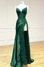 V Neck Satin Lace Long Prom Dresses Lace Long Prom Dresses