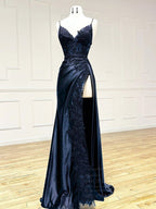 V Neck Satin Lace Long Prom Dresses Lace Long Prom Dresses