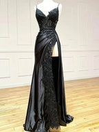 V Neck Satin Lace Long Prom Dresses Lace Long Prom Dresses