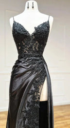 V Neck Satin Lace Long Prom Dresses Lace Long Prom Dresses