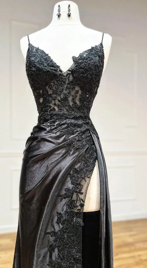 V Neck Satin Lace Long Prom Dresses Lace Long Prom Dresses