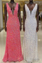 V neck Sequin Mermaid Long Prom Dresses