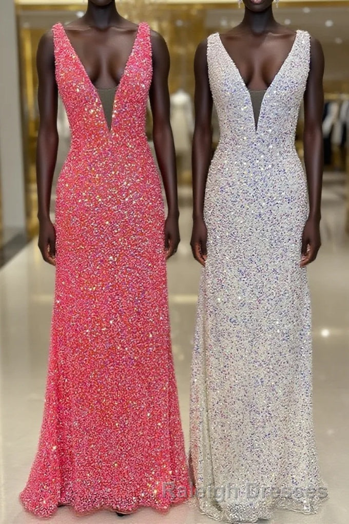 V neck Sequin Mermaid Long Prom Dresses