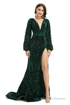 V-Neck Sequins Long Sleeve Side Split Formal Evening Dresses