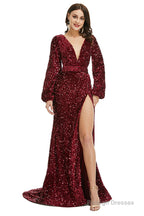 V-Neck Sequins Long Sleeve Side Split Formal Evening Dresses