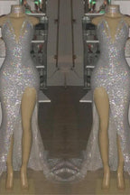 V-Neck Sequins Mermaid Front Slit Floor Length Prom Dresses