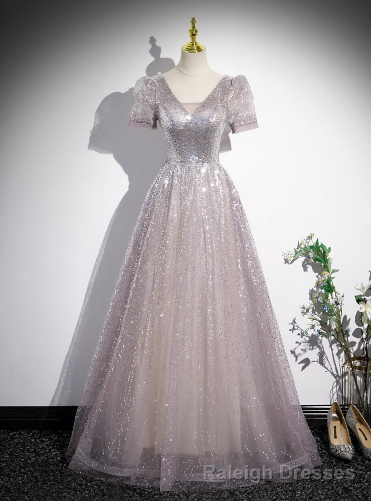 V Neck Sequins Short Sleeve Prom Dress Main image
