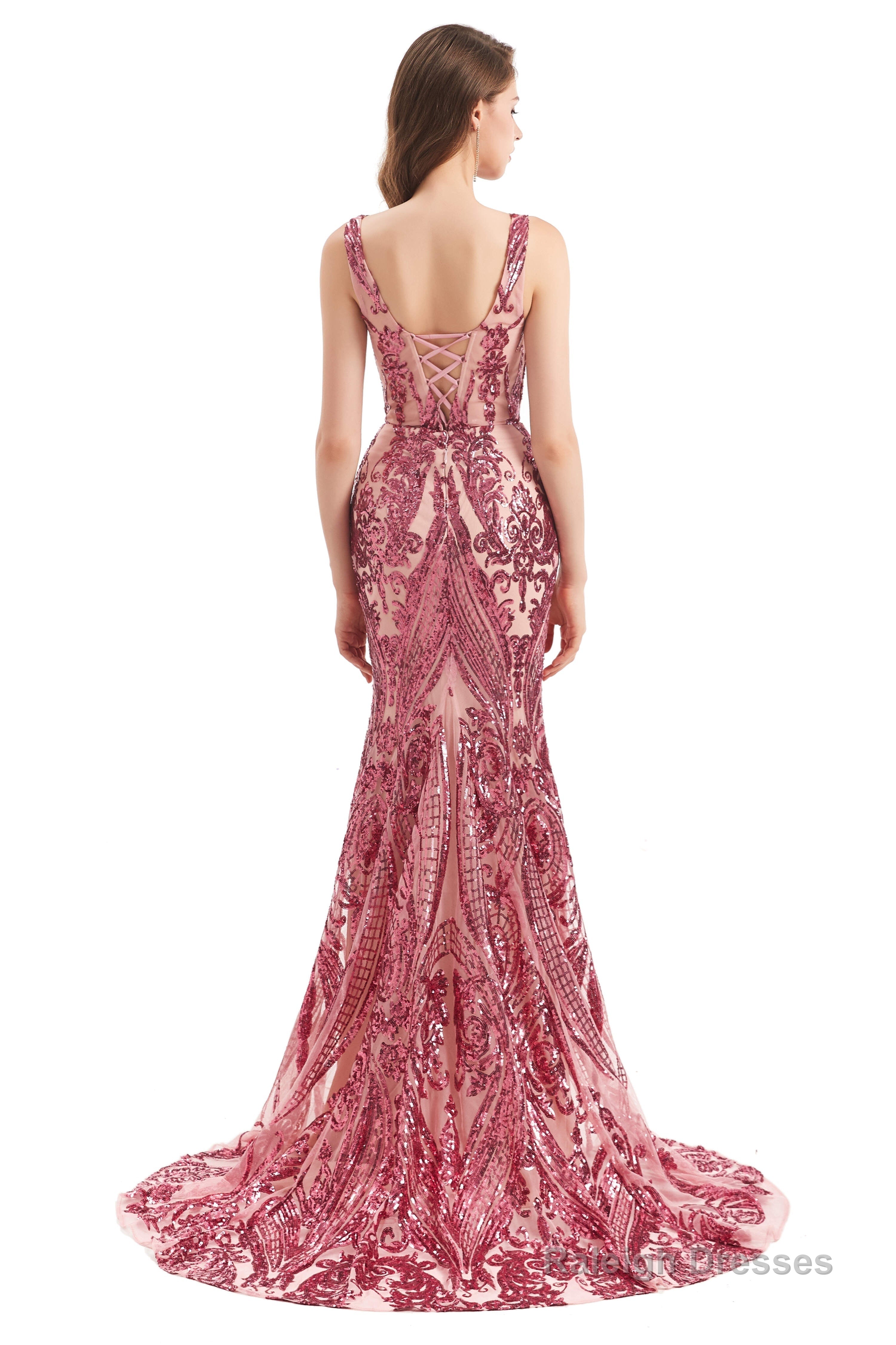 V-Neck Sequins Sleeveless Lace-up Mermaid Prom Dresses