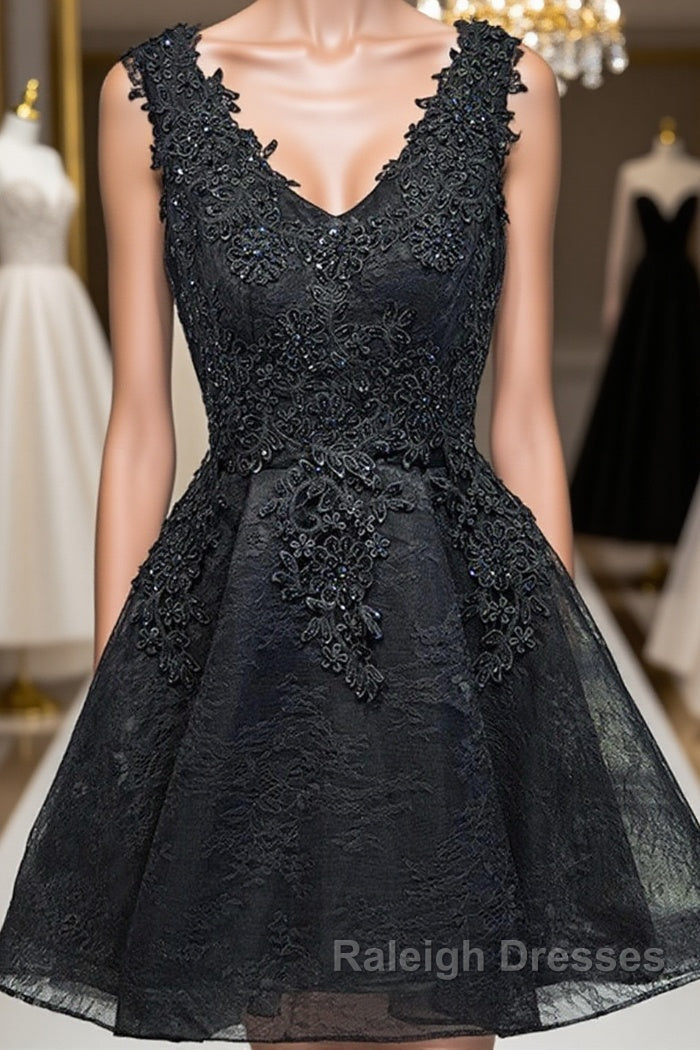 V Neck Short Black Lace Prom Dresses, Black Lace Homecoming Dresses, Short Black Formal Evening Dresses Main image