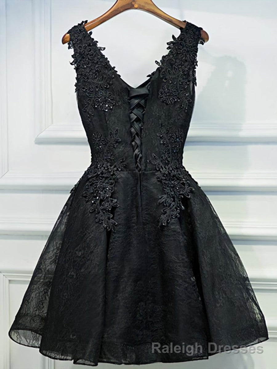 V Neck Short Black Lace Prom Dresses, Short Black Lace Graduation Homecoming Dresses Secondary image