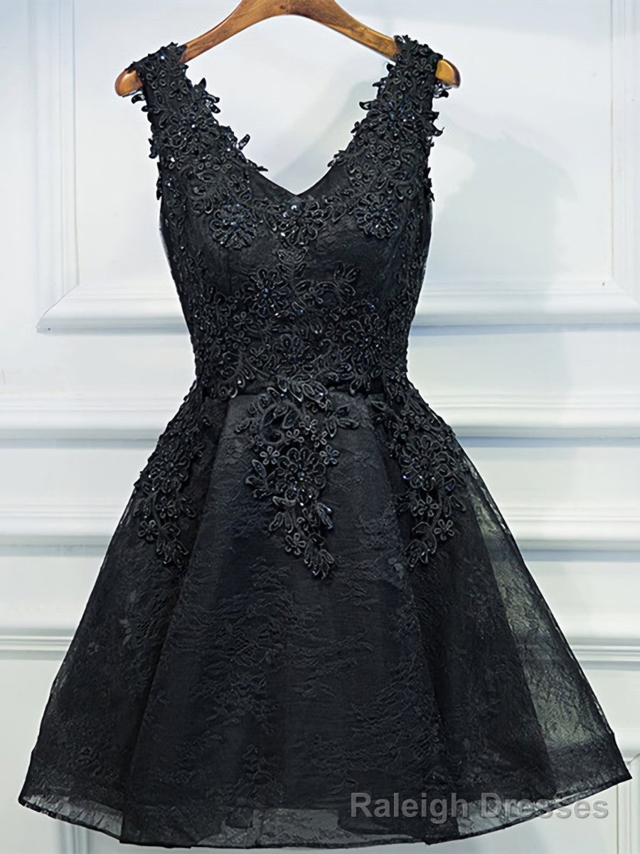 V Neck Short Black Lace Prom Dresses, Short Black Lace Graduation Homecoming Dresses Main image