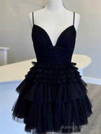 V Neck Short Black Red Prom Dresses, Short Red Black Formal Homecoming Dresses