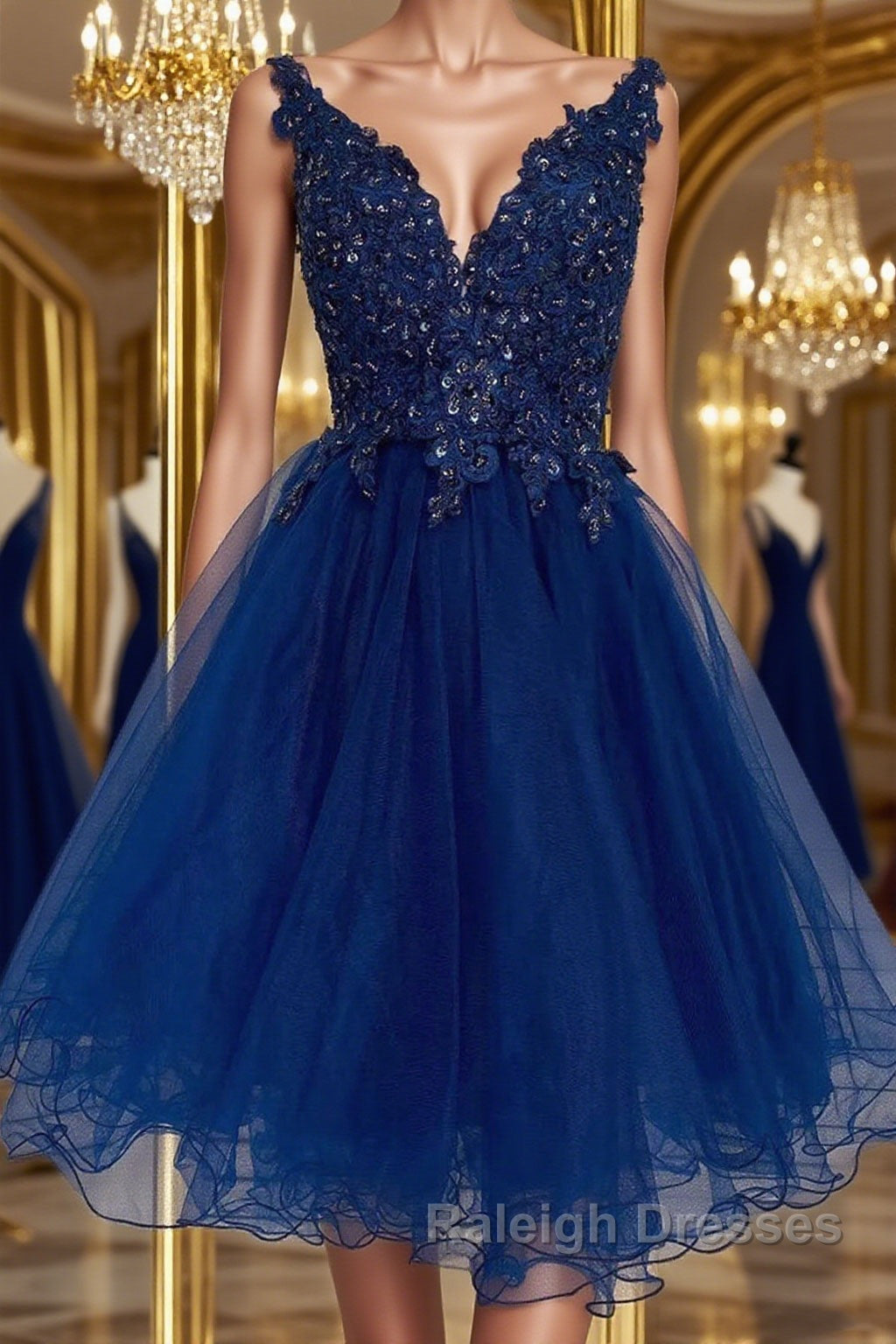 V Neck Short Blue Lace Prom Dresses Blue Lace Homecoming Dresses Short Blue Prom Graduation Prom Dresses Main image