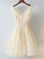V Neck Short Champagne Lace Prom Dresses, Short Champagne Lace Formal Homecoming Dresses