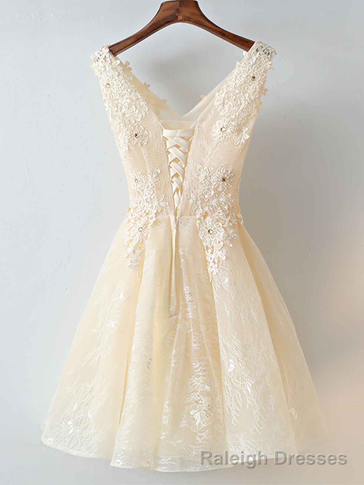 V Neck Short Champagne Lace Prom Dresses, Short Champagne Lace Formal Homecoming Dresses