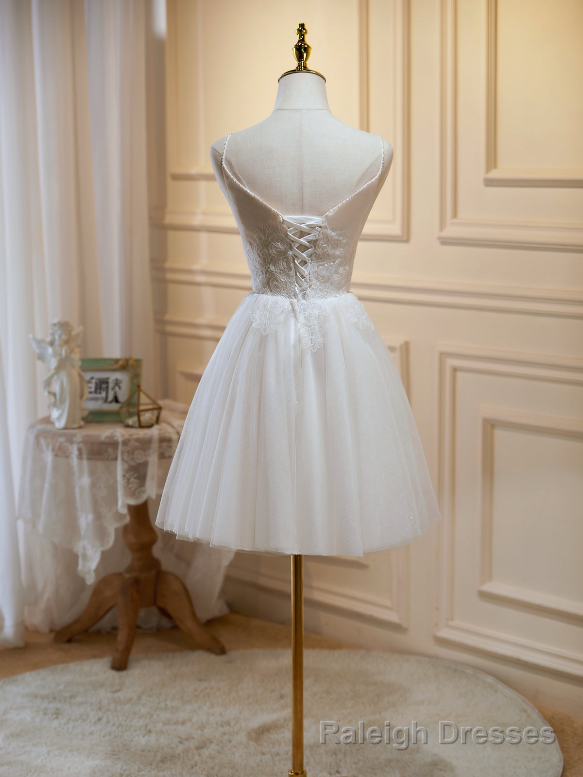 V Neck Short Ivory Lace Prom Dresses, Short Ivory Lace Formal Homecoming Dresses Secondary image
