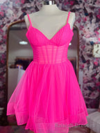 V Neck Short Pink Black Prom Dresses, Short V Neck Formal Homecoming Dresses