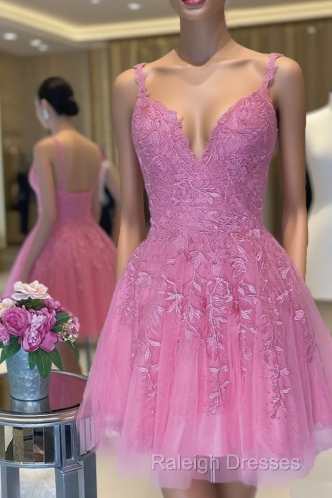 V Neck Short Pink Lace Prom Dresses, V Neck Pink Lace Formal Graduation Dresses Main image