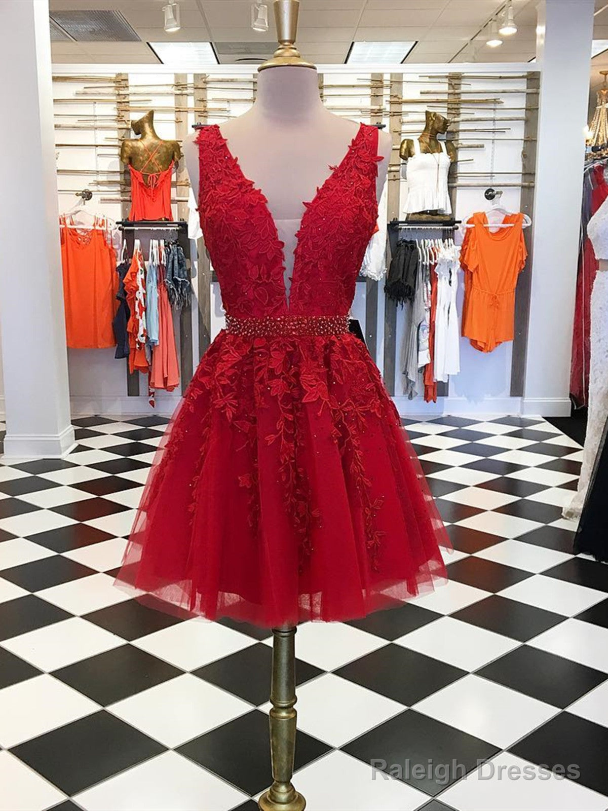 V Neck Short Red Lace Prom Dress, Short V Neck Red Lace Graduation Homecoming Evening Dresses Main image