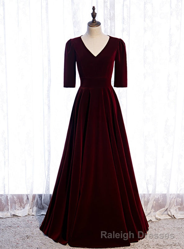 V Neck Short Sleeve Velvet Long Burgundy Prom Dress Main image