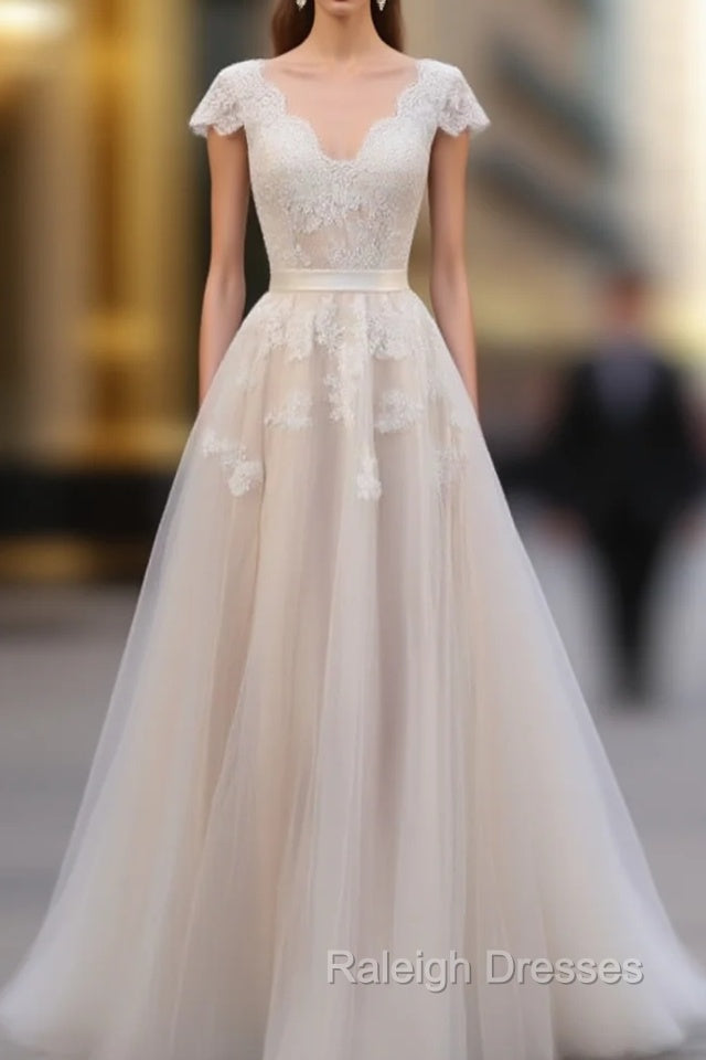 V Neck Short Sleeves Wedding Dress Lace Applique Floor Length Tulle Bridal Gown