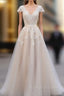 V Neck Short Sleeves Wedding Dress Lace Applique Floor Length Tulle Bridal Gown
