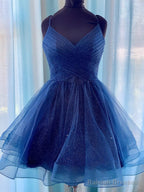 V Neck Short Tulle Prom Dresses, Short Blue White Tulle Formal Homecoming Dresses