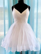 V Neck Short Tulle Prom Dresses, Short Blue White Tulle Formal Homecoming Dresses