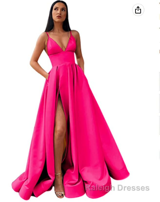V-Neck Slit Satin Long Prom Dress Spaghetti Strap Evening Ball Gown with Pockets Secondary image