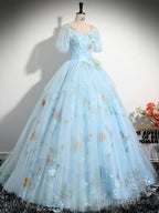 V Neck Tulle Lace Blue Long Prom Dress, A Line Blue Lace Long Sweet 16 Dress