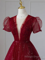 V Neck Tulle Sequin Tea Length Burgundy Prom Dress, Burgundy Prom Dress