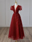 V Neck Tulle Sequin Tea Length Burgundy Prom Dress, Burgundy Prom Dress