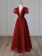 V Neck Tulle Sequin Tea Length Burgundy Prom Dress, Burgundy Evening Dress