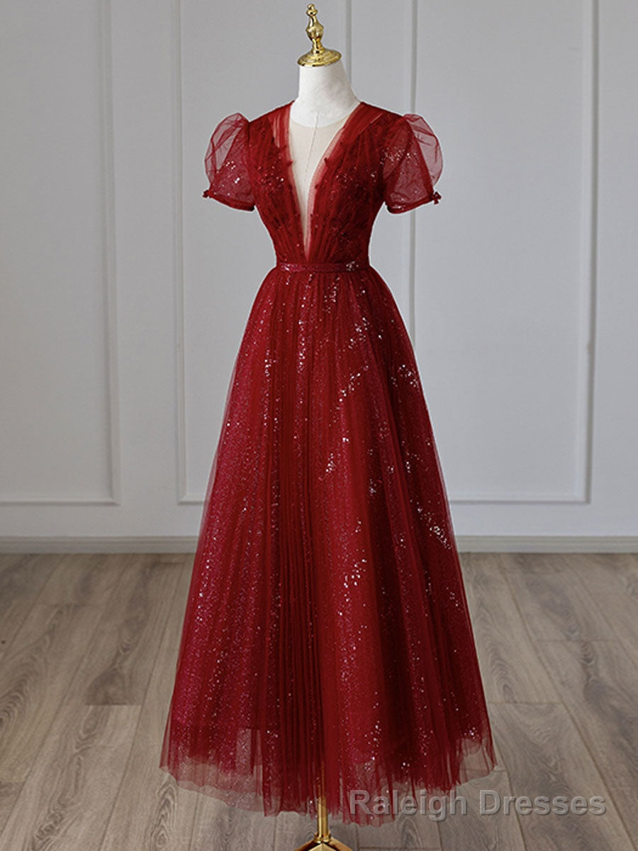 V Neck Tulle Sequin Tea Length Burgundy Prom Dress, Burgundy Evening Dress